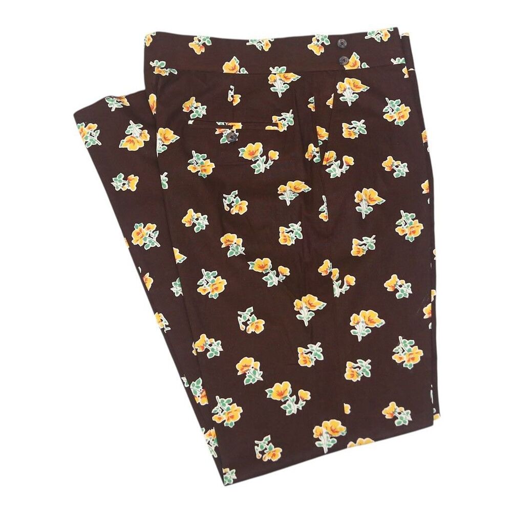 Mens Gurkha Pants 38 Brown Yellow Floral Cotton Straight Fit Flat Front Trousers